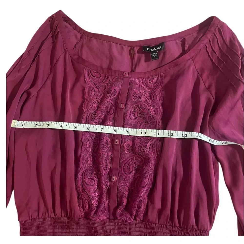 Bebe Purple Long Sleeve Smocked Peplum Blouse - Picture 10 of 11